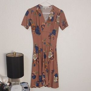 Charming Floral Midi Dress - Brown and Blue